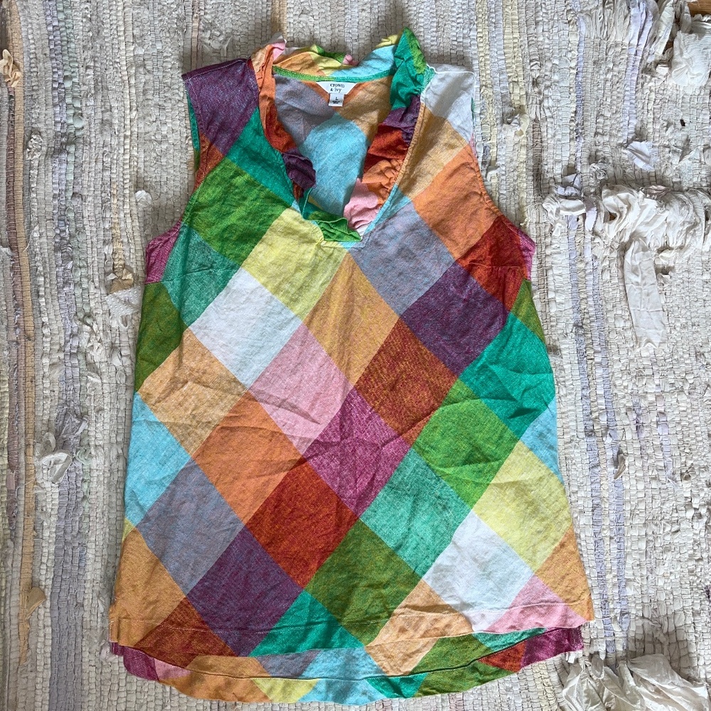crown & ivy 100% Linen Sleeveless Colorful V Neck Top Size Large - Picture 1 of 5